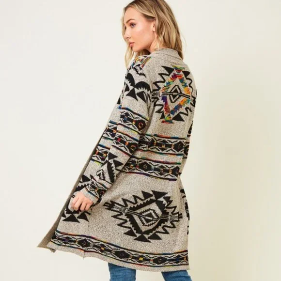 new ON BLUE SWEATER CARDIGAN WRAP boho western AZTEC TRIBAL TAUPE jacquard SM-3X - Picture 4 of 9